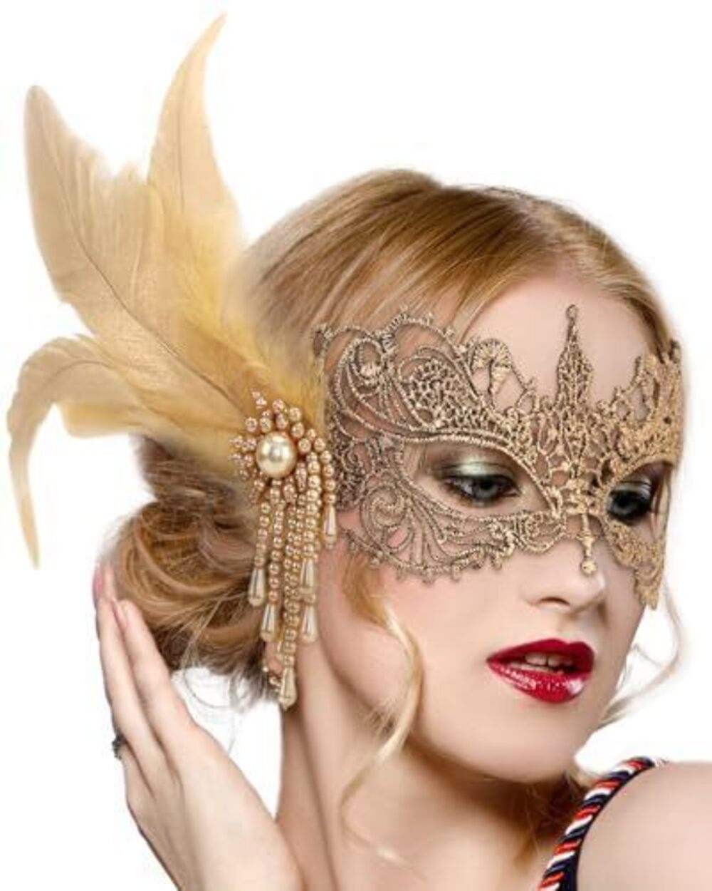 2986 Lace Masquerade Masks - Gold Venetian Antique Mask 1920s 50s Elegant